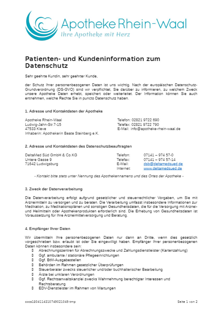 Datenschutzinformation der Apotheke Rhein-Waal Seite 1: Adresse und Kontaktdaten der Apotheke und des Datenschutzbeauftragten, Zwecke der Datenverarbeitung im Apothekenbetrieb.