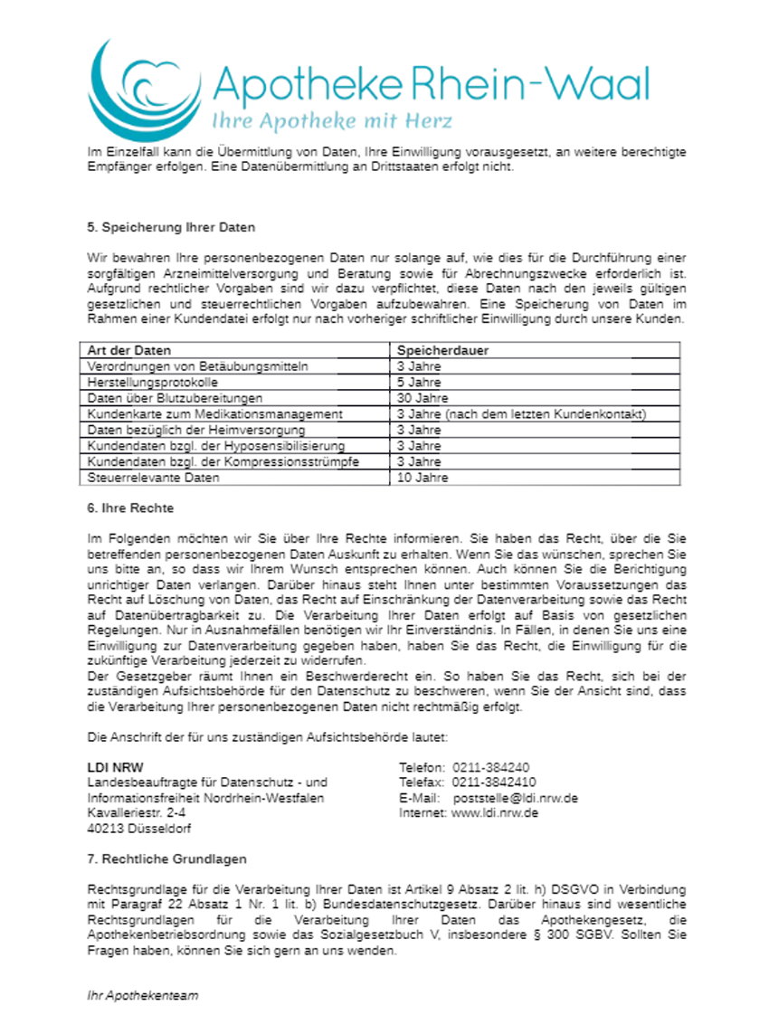 Datenschutzinformation der Apotheke Rhein-Waal Seite 2: Tabelle der Aufbewahrungsfristen apothekenspezifischer Daten (Verordnungen 3 Jahre, Herstellungsprotokolle 5 Jahre, Steuerdaten 10 Jahre etc.) und Erläuterung Ihrer Rechte.