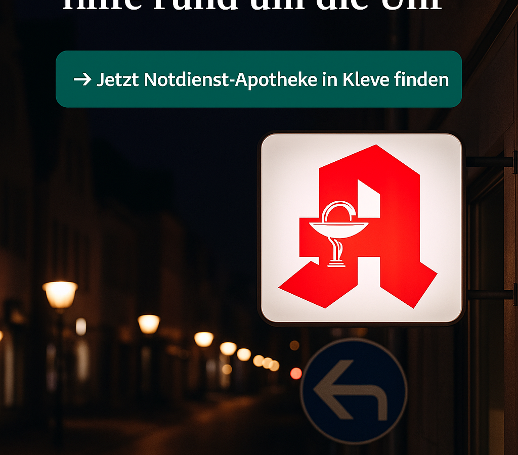 Hinweis-Grafik zum Apotheken-Notdienst der Apotheke Rhein-Waal in Kleve — Verweis auf die Notdienstsuche.